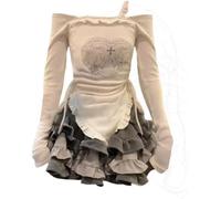 Gonza da Donna Gotica in Pizzo ad Alta Vita da Donna e Gonna Rosa a Cuore Simpatico con spallieva Lolita con Filo Stampato a baccalà elasticato (Set,S)