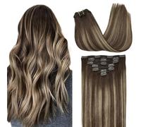 GOO GOO Extension Capelli Veri Clip, 35cm 120g 7pezzi, 4/26/4 Balayage Marrone Cioccolato a Biondo Miele, Extension Clip Capelli Veri, Remy Umani Naturali Extension Capelli Clip