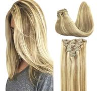 GOO GOO Extension Capelli Veri Clip, 40cm 120g 7pezzi, 16/22 Biondo Chiaro con Riflessi Biondi Dorati, Extension Clip Capelli Veri, Remy Umani Naturali Extension Capelli Clip