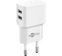 Goobay 44952 Adattatore di alimentazione USB da parete 2,4 A (12W) / Adattatore alimentazione USB con 2x ingressi laterali USB/Per cavi ricarica per smartphone/Spina alimentazione/Bianco