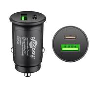 GOOBAY 59521 - Caricabatterie da auto a 2 porte con USB-C PD (Power Delivery), mini accendisigari, doppio caricatore USB, per auto e camion (12 V/24 V), 27 W, colore: Nero