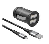 goobay 64804 - Caricabatteria da auto con doppia porta USB, adattatore per accendisigari, 12 V/24 V, mini USB, spina di ricarica USB A, 15,5 W, con cavo Lightning da 1 m, colore nero