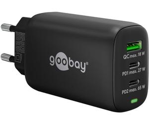 Goobay 65407 - Alimentatore di rete USB C, 65 W, Power Delivery PD, caricatore rapido, iPhone/Android/USB-C e USB-A, 3 porte, mini adattatore per presa/nero
