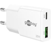 goobay Caricatore USB C GaN da 25 W, super sottile, a doppia porta, con Power Delivery & Quick Charge, caricatore rapido piatto per iPhone 15/14, Samsung Galaxy S24/S23, iPad, Tablet - Bianco - 75734