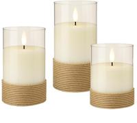 goobay Set di 3 candele a LED in vetro, bianco, con funzione timer e stoppino 3D, in vetro avvolto in canapa per decorazioni eleganti, funzionamento a batteria 7773