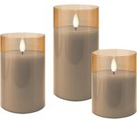 goobay Set di 3 candele LED in vetro, colore trasparente dorato, con timer e stoppino 3D, candele in vetro per decorazioni eleganti, funzionano a batterie, 77756