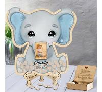 GOOBRRL Foto Personalizzata Baby Shower Libro degli Ospiti Alternative Elefante Compleanno Libro degli Ospiti Cornice per Foto Baby Shower in Legno Registrati nel Libro degli Ospiti,Elefante-1