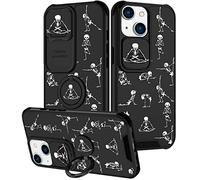 Goocrux (2in1 for iPhone 13 Case Skeleton Yoga Cute Halloween Phone Cover Funny Skull Design with Slide Camera Cover+Ring Black Cool Horror Pattern Teen Cases for iPhone13 6.1''