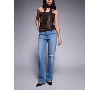 Good American - Good True - Jeans super elasticizzati a vita alta dritti lavaggio blu chiaro con fondo sfrangiato 32