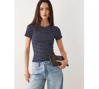 Good American - T-shirt mini a coste in modal blu navy a righe-Multi XS