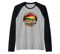 Good Vibes Beach Life Summer Time Retro Tramonto Tropicale Maglia con Maniche Raglan