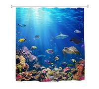 goodbath Tenda da doccia lunga 200cm di lunghezza, Sotto l'oceano pesci tessuto antimuffa impermeabile tende da bagno per bagno vasca da bagno, 180 x 200 cm, blu brillante
