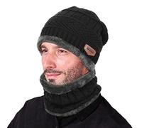 Goodbuy Berretto Uomo in Maglia per Inverno Caldo Cappello Beanie con Sciarpa (Nero)