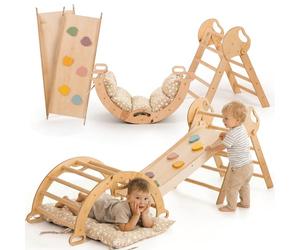 Goodevas 5-in-1 Telaio da Arrampicata per Bambini - Scala a Triangolo, Arco, Balance Board e Cuscino, Set Montessori, Palestra in Legno per Bambini da 1 a 3 Anni