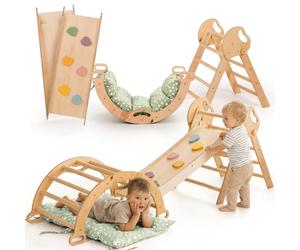 Goodevas 5-in-1 Telaio da Arrampicata per Bambini - Scala a Triangolo, Arco, Balance Board e Cuscino, Set Montessori, Palestra in Legno per Bambini da 1 a 3 Anni