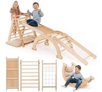 Goodevas 5-in-1 Telaio di Arrampicata per Bambini - Triangolo in Legno, Arco & Rampa di Arrampicata & Rete & Cuscino, Telaio di Arrampicata Montessori, Palestra in Legno per Bambini, 1-5 Anni