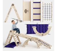 Goodevas Apollo 5 in 1 Space Set da arrampicata per bambini - Attrezzo da gioco in legno Montessori ispirato alla NASA: Triangolo Pikler, arco lunare, scivolo, rete e cuscino a stella, per piccoli