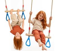 Goodevas Asta trapezoidale con anelli da ginnastica per bambini, altalena in legno, pino massiccio e corde robuste, altezza regolabile 110-198 cm, per interni ed esterni, facile da montare (blu)