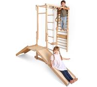 Goodevas Palestra Indoor in Legno 9-in-1 per Bambini, Montessori con spalliera Svedese, Monkey Bars, Barra per trazioni, Anelli, Altalena, Scala di Corda, tavola da Arrampicata, Scivolo e Piattaforma