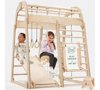 Goodevas Struttura da Arrampicata per Bambini in Legno per Interni, Parco Giochi Montessori con Scivolo, Scala di Corda e Set Artistico, Palestra Montessori migliorata per Bambini dai 3-8