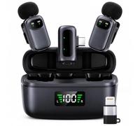 Goodir Mini microfono lavalier wireless per iPhone/Android, microfono da bavero con riduzione del rumore, cambia voce AI, custodia di ricarica 30 ore, mini microfoni plug & play per iPhone Vlogging