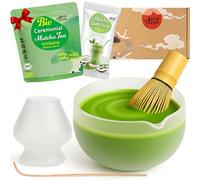 Goodwei Bio Matcha dal Giappone in set Matcha completo di ciotola Matcha di alta qualità in ceramica, scopa e porta scopa | Set regalo per cerimonia del tè (vetro opaco)