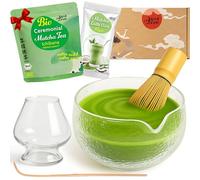 Goodwei Matcha Bio dal Giappone in set Matcha completo di ciotola Matcha di alta qualità in ceramica, scopa e porta scopa | Set regalo per cerimonia del tè (struttura in vetro ghiaccio)