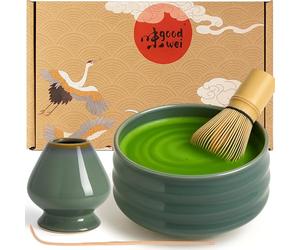 Goodwei Matcha Kit con Frusta Matcha, Ciotola Matcha e Supporto Frusta in ceramica con lo stesso design | Tazza Matcha Chawan tradizionale, 430 ml | The Matcha Set Regalo (80, Menouseki)