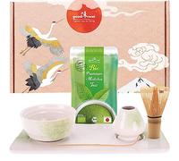 Goodwei Matcha Tè Set per cerimonia del tè giapponese - ciotola per matcha, porta scopa e vassoio da tè dal design abbinato, con vero matcha biologico dal Giappone (Shiro)