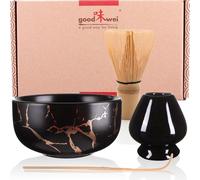 Goodwei Set Matcha Kit Cerimonia Giapponese - Ciotola Tè Matcha, Frullino e Porta Chasen, disegno in marmo (Nero, 80)