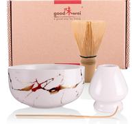 Goodwei Set Matcha Kit Cerimonia Giapponese - Ciotola Tè Matcha, Frullino e Porta Chasen, disegno in marmo (Bianco, 80)