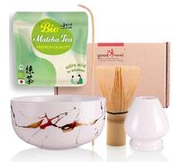 Goodwei Set Matcha Kit Tè Verde Giapponese Biologico in Polvere - Ciotola Tè Matcha, Frullino e Porta Chasen, disegno in marmo (Bianco)