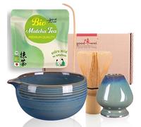 Goodwei Set Matcha Latte - Kit Matcha Premium con Ciotola con Beccuccio, Frustino in Bambù, Supporto, Cucchiaino & Matcha Biologico - Set Giapponese per Matcha Latte & Cerimonia del Tè (Menouseki)