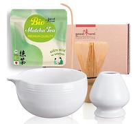 Goodwei Set Matcha Latte - Kit Matcha Premium con Ciotola con Beccuccio, Frustino in Bambù, Supporto, Cucchiaino & Matcha Biologico (Camellia White)