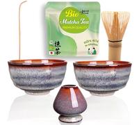 Goodwei Tè Vert Matcha BIO Kit DUO con scopa per matcha, due ciotole per matcha e supporto per frusta in ceramica | Matcha Organico Giapponese | Set regalo per due (Uji)