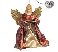 Goodwill. Angelo con ali in resina e tessuto, colore rosso e oro piumato albero superiore con ali 20 cm.