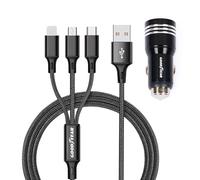Goodyear Caricatore 3 in 1 Lightning/Micro/USB-C, Presa Accendisigari con Doppia USB, Cavo 120cm per Auto