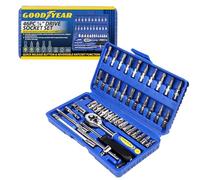 Goodyear Set di 46 chiavi a bussola da 1/4", cricchetto a sgancio rapido, funzione reversibile, impugnatura girevole, barre di estensione, adattatore e giunto universale, presa a muro arrotondata