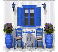 GOOESING Tenda da doccia estiva da viaggio, con immagine di casa, fiori, immagine greca, paesaggio, tenda da doccia con ganci, blu navy e bianco, decorazione per il bagno, lavabile, tessuto