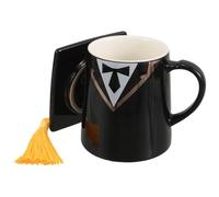 GOOHOCHY Tazza in Ceramica Nera da 450ml con Design Stabile e Coperchio con Nappina a Forma di Cappello da Laurea per Sessioni di Studio in Biblioteca o Aula