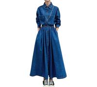 Goolecrimp Abito Casual da Donna con Bottoni Primavera Autunno Abito in Denim Elastico in Vita con Bottoni Orlo Lungo in Camicia di Jeans Abito da Festa Mini Abiti Lunghi (Blu,XXL)