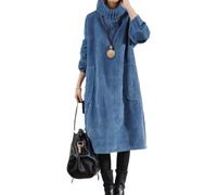 Goolecrimp Abito Invernale in Velluto a Coste da Donna con Tasche Abito in Velluto a Coste con Collo Alto e Velluto Spesso di Media Lunghezza Abito Lungo Caldo in Taglie Forti (Blu,4XL)