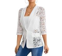 Goolecrimp Blazer da Donna in Maglia di Pizzo schiacciato Patchwork di Pizzo Blazer a Sette Maniche 2024 Giacca da Ufficio da Lavoro Leggera a Sette Maniche con Risvolto Estivo (Bianco,XL)