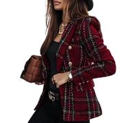 Goolecrimp Blazer da Donna in Tweed Primaverile Giacca a Maniche Lunghe vestibilità Aderente Elegante Formale in Tweed a Quadri Doppiopetto da Lavoro (Bordeaux,L)