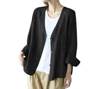 Goolecrimp Blazer Oversize in Cotone e Lino da Donna Manica Lunga con Scollo a v Casual Leggero Blazer Primaverile Cardigan Blazer Cardigan Business Casual Blazer (Nero,L)