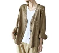 Goolecrimp Blazer Oversize in Cotone e Lino da Donna Manica Lunga con Scollo a v Casual Leggero Blazer Primaverile Cardigan Blazer Cardigan Business Casual Blazer (Kaki,XXL)