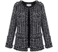 Goolecrimp Donna Autunno Elegante Business Casual Giacca di Tweed Bianco e Nero a Scacchi Abbottonato Abbigliamento da Lavoro Ufficio Giacca Senza Colletto Risvolto Formale Giacca di Tweed (Black,M)