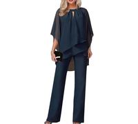 Goolecrimp Due Pezzi da Donna per la Primavera e l'autunno Abiti per la Madre della Sposa Abito da Festa per Gli Ospiti di Nozze Set di Pantaloni Casual in Chiffon a Gamba Larga (Blu Navy,XXL)