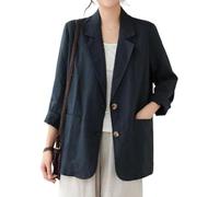 Goolecrimp Giacca Blazer in Lino di Cotone a Due Bottoni Leggera Casual da Donna Giacca Casual da Lavoro Leggera a Maniche Lunghe Top Giacca Blazer Oversize (Navy,S)