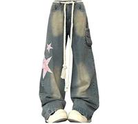 Goolecrimp Vintage da Donna Star Design Sciolto Retro Harajuku Jeans Oversize Y2k Cravatta Gamba Dritta Hip Hop Gamba Larga Hip Hop Street Skater Jeans (Blu,XL)